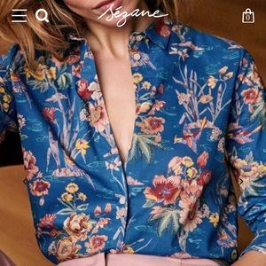 Sezane Pierro Shirt Blue Bird Print Size 2